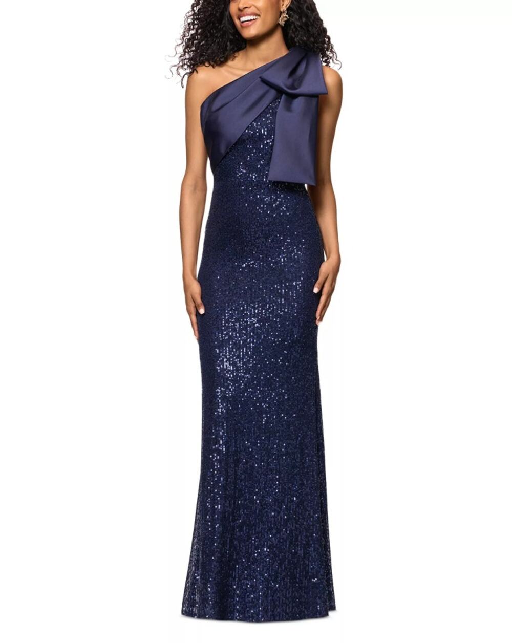 AQUA Women Navy Sequinned Shoulder Bow Evening Maxi Slim Gown Dress Size US 10